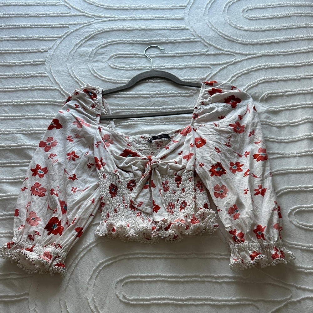 Zara Red Floral Smocked Blouse